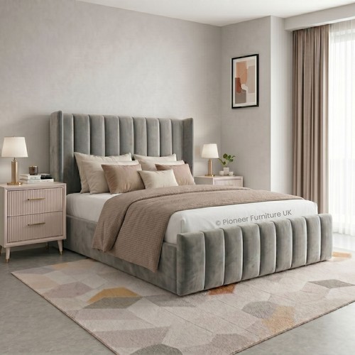 Double ottoman bed - grey, velvet